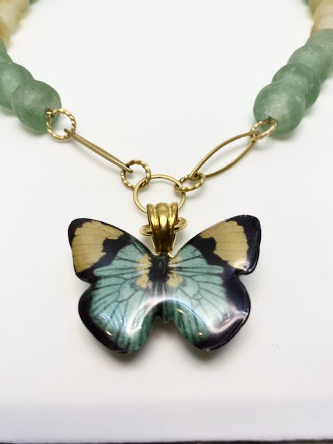 Ethereal Butterfly Necklace Green & Yellow Recycled Glass