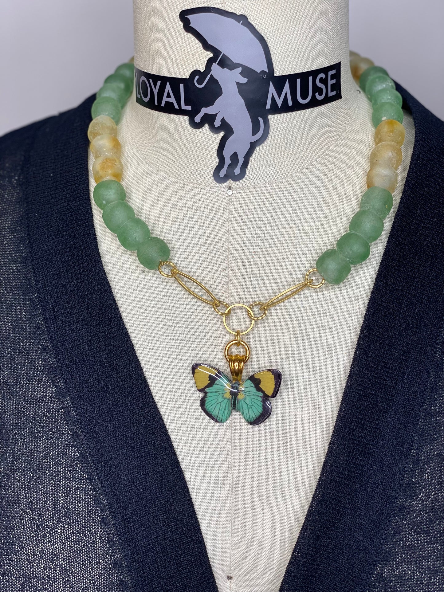 Ethereal Butterfly Necklace Green & Yellow Recycled Glass