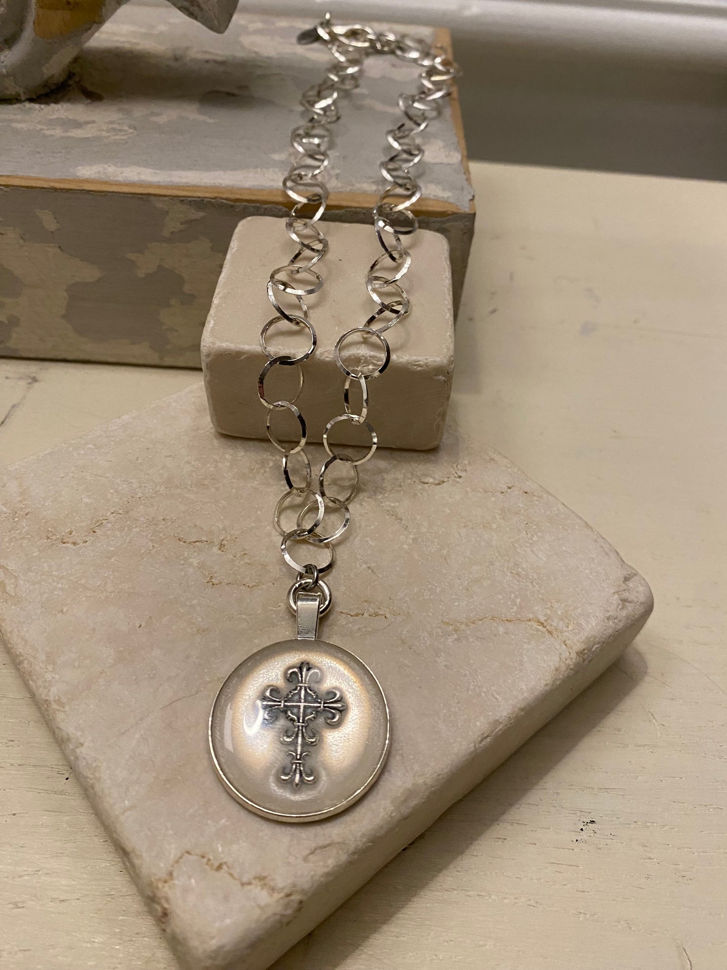 White Silver Cross Necklace