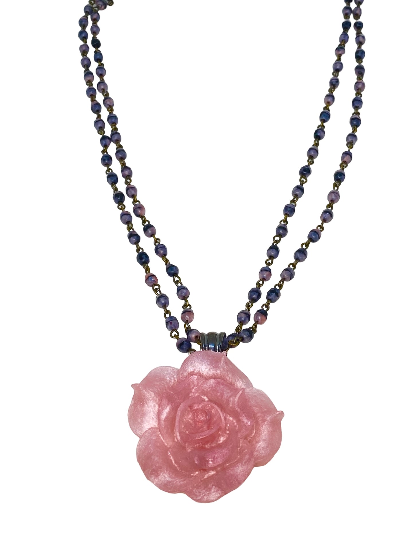 Pink Rose Pendant on Rosary Beads