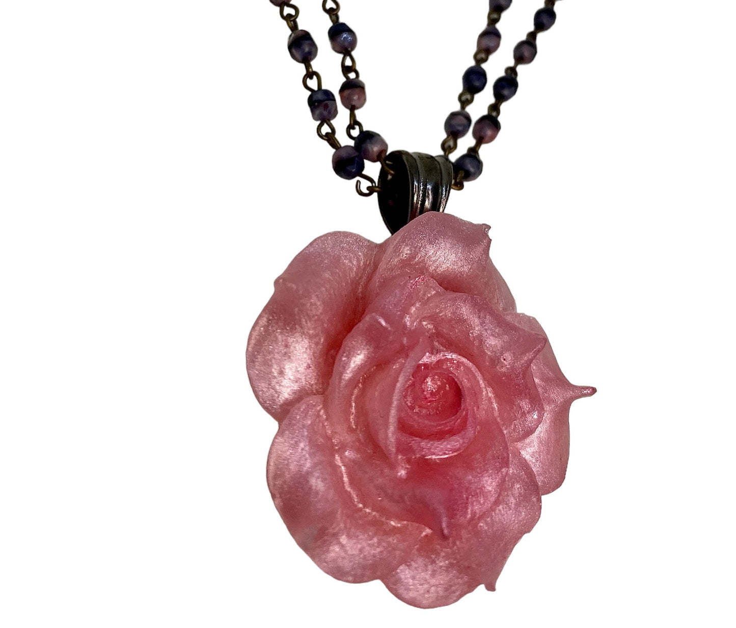Pink Rose Pendant on Rosary Beads