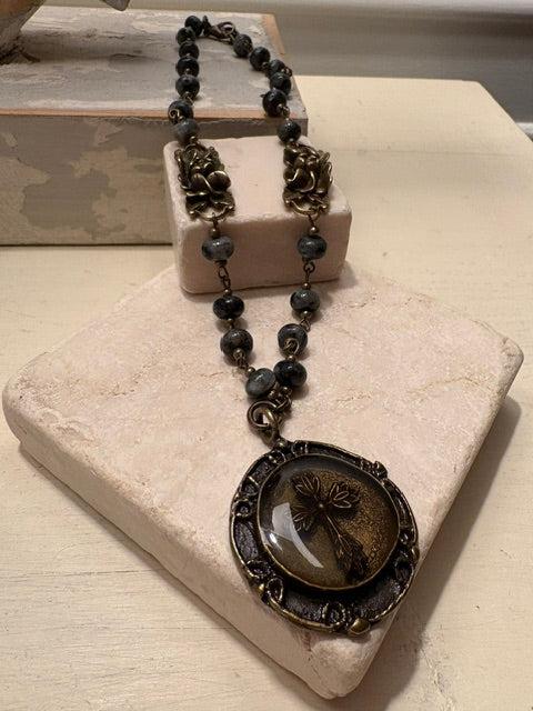 Gray Jasper Cross Medallion Necklace