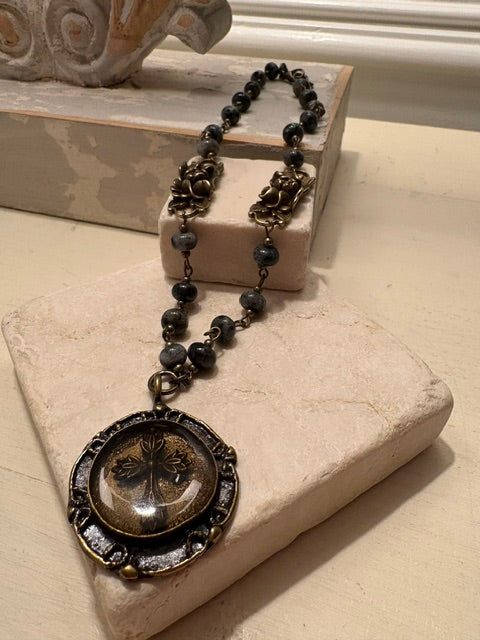 Gray Jasper Cross Medallion Necklace