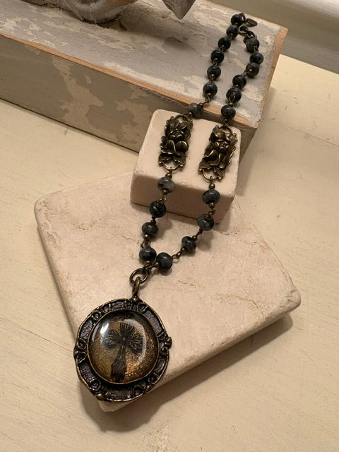 Gray Jasper Cross Medallion Necklace