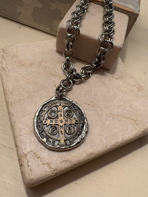 Saint Benedict Medal Necklace – Rustic Silver Solder Pendant