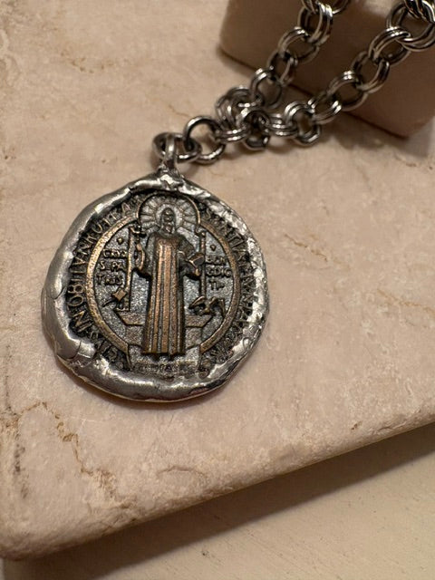 Saint Benedict Medal Necklace – Rustic Silver Solder Pendant