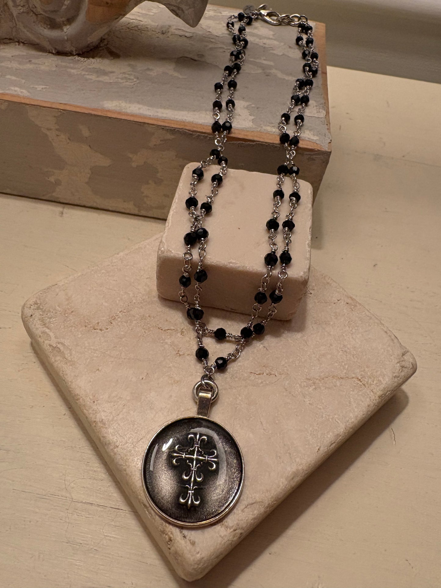 Noir Cross | Black Bead Rosary Necklace