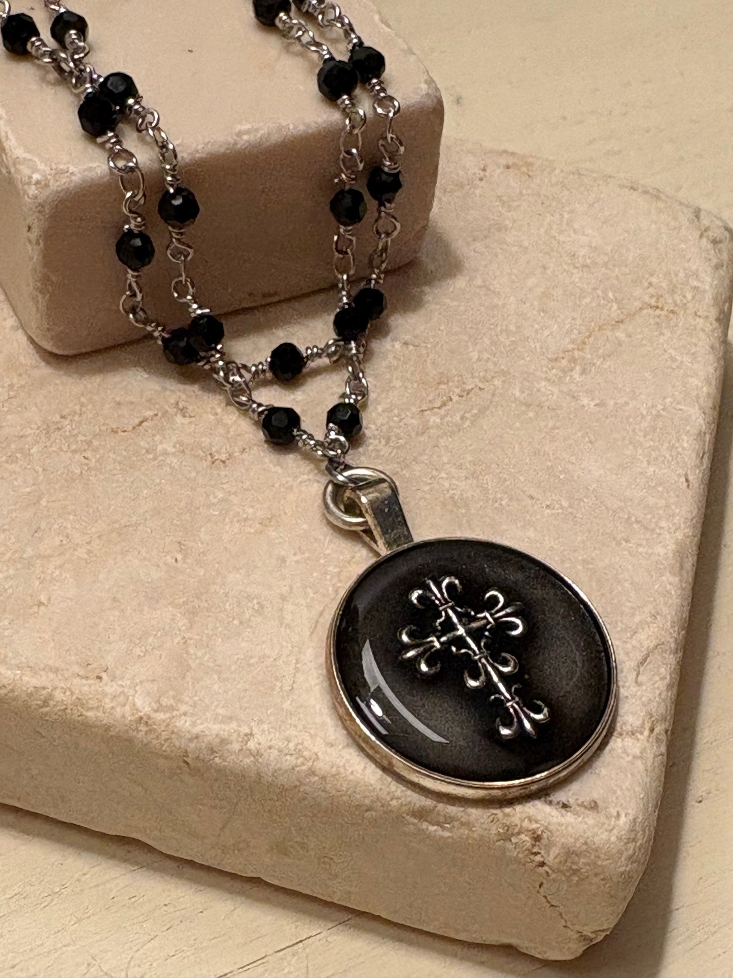 Noir Cross | Black Bead Rosary Necklace