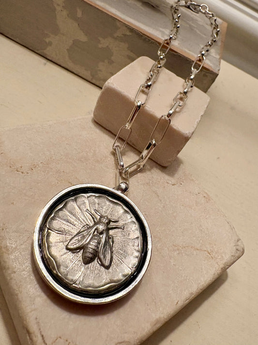 Pressed Pewter Bee Medallion Necklace