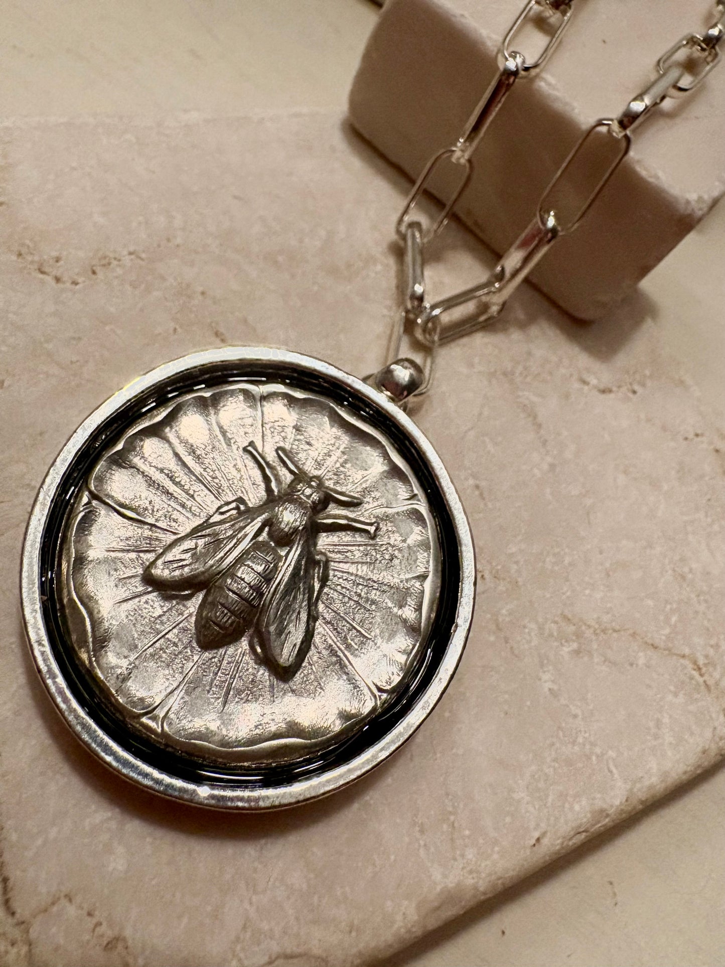 Pressed Pewter Bee Medallion Necklace