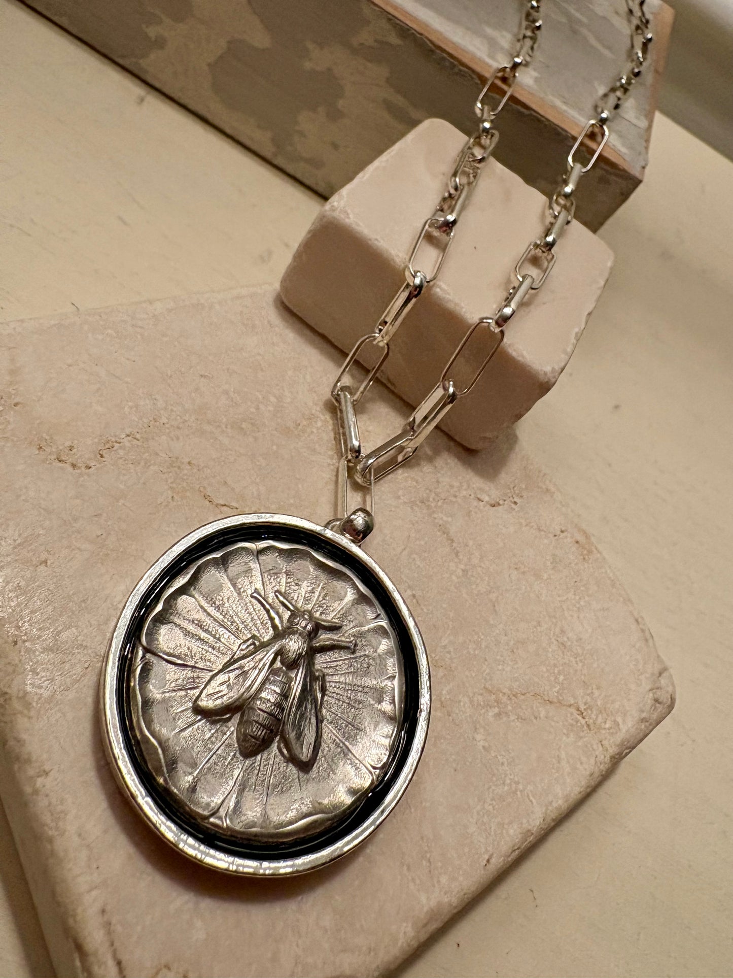 Pressed Pewter Bee Medallion Necklace