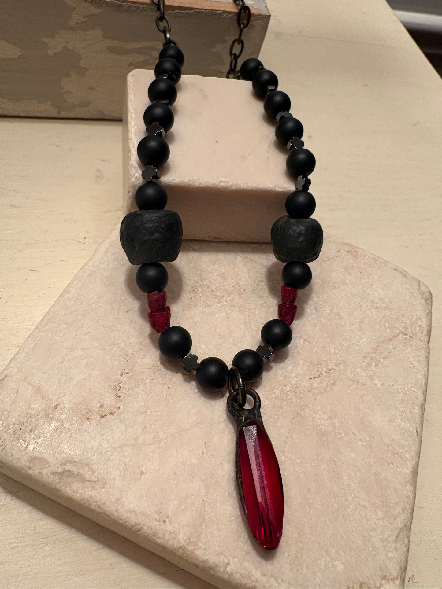 Garnet Glass & Matte Black Stone Necklace