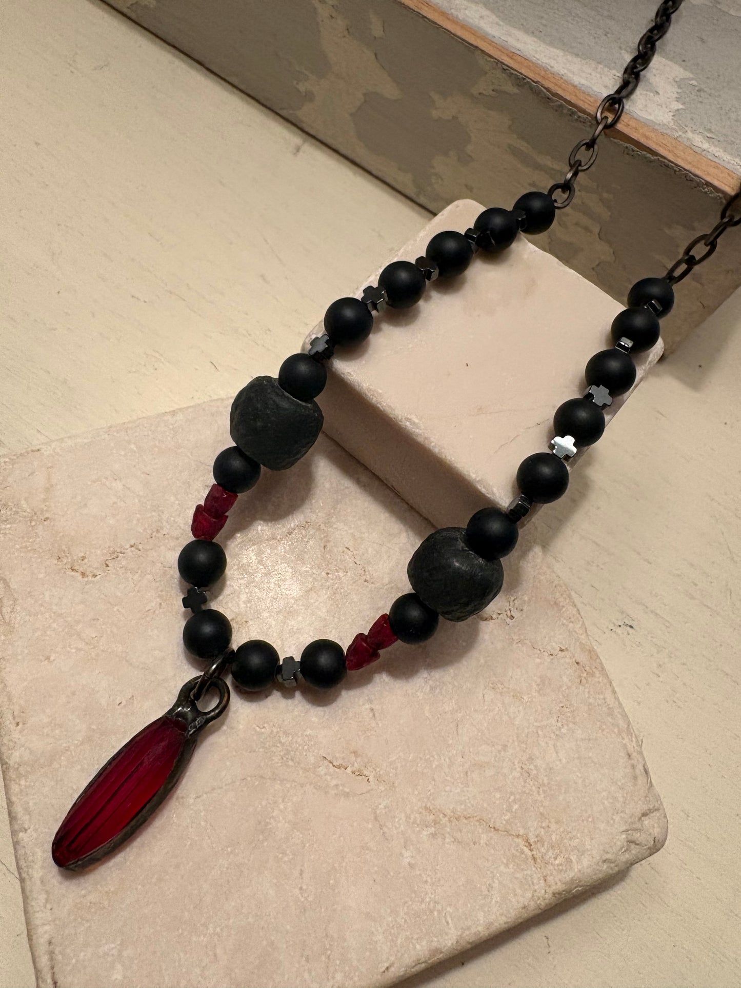 Garnet Glass & Matte Black Stone Necklace