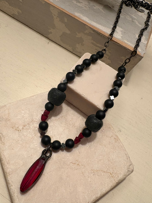 Garnet Glass & Matte Black Stone Necklace