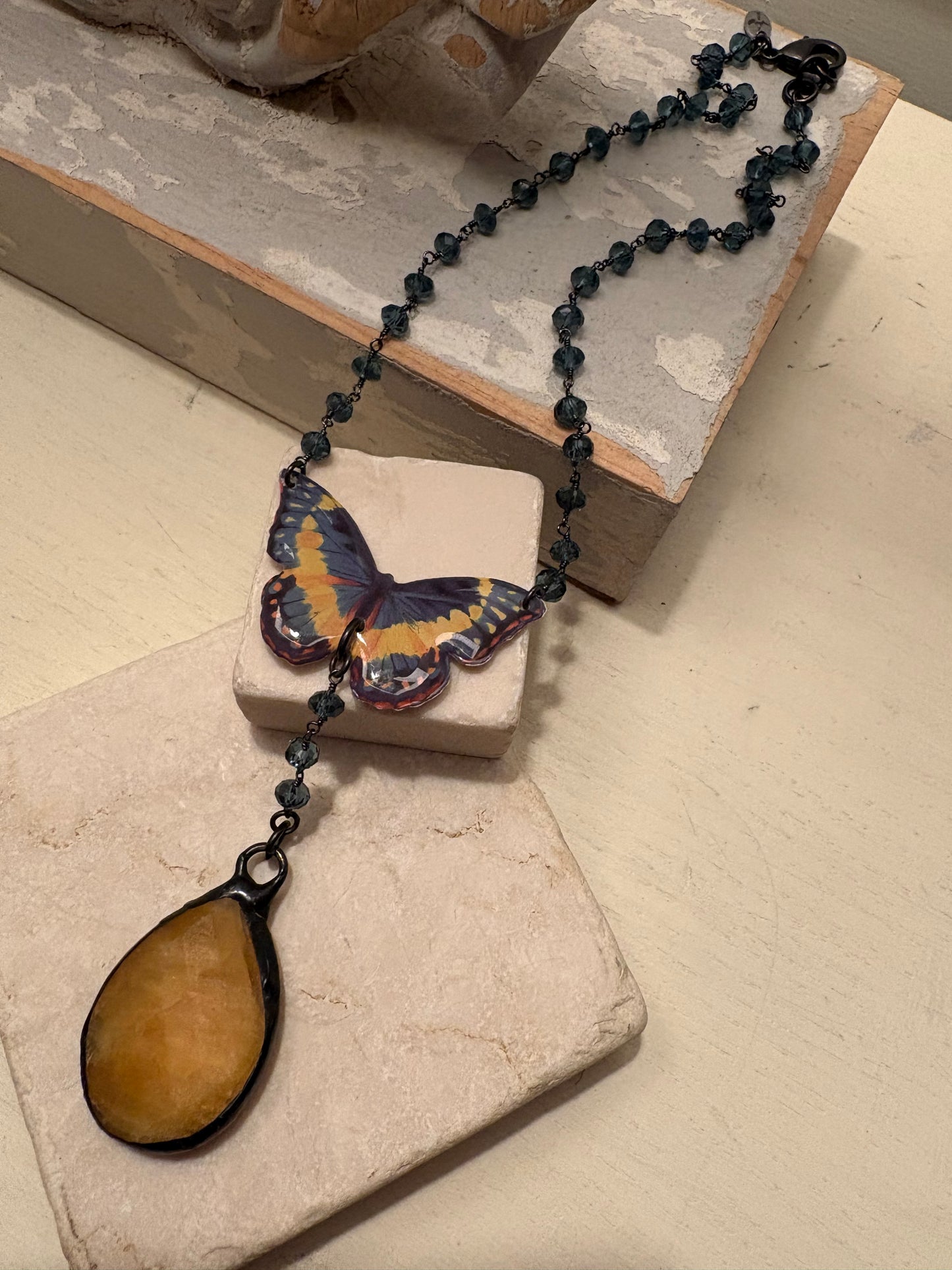 Royal Blue Butterfly & Yellow Calcite Necklace