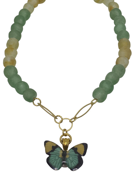 Ethereal Butterfly Necklace Green & Yellow Recycled Glass